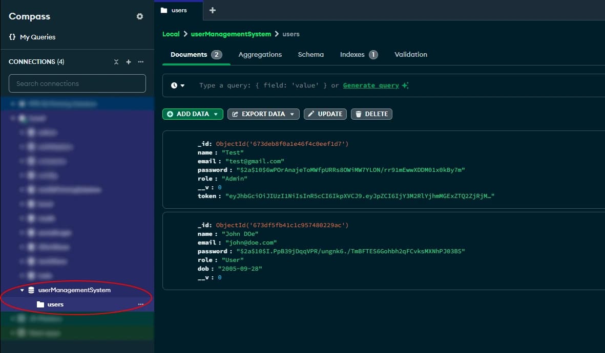 Users schema in MongoDB Compass - Techieonix